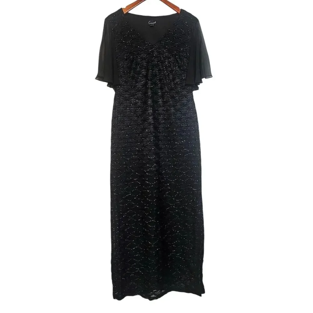 Connected Apparel Black Formal Long Party Dress with Short Flutter Sheer Sleeves